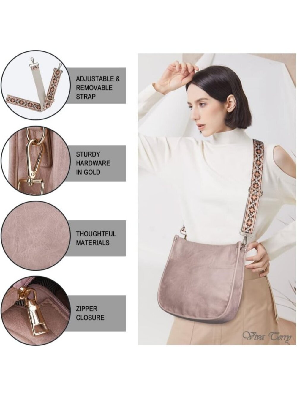 Women's Light Pink Leather Small Crossbody Bag Wide Guitar Strap Shoulder Purse - Picture 5 of 6